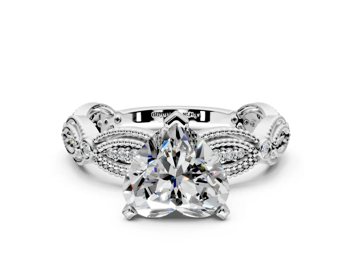 Solitaire Engagement Ring Setting for Heart-Shaped Center with Marquise Panel Band and Prong Head in White Gold