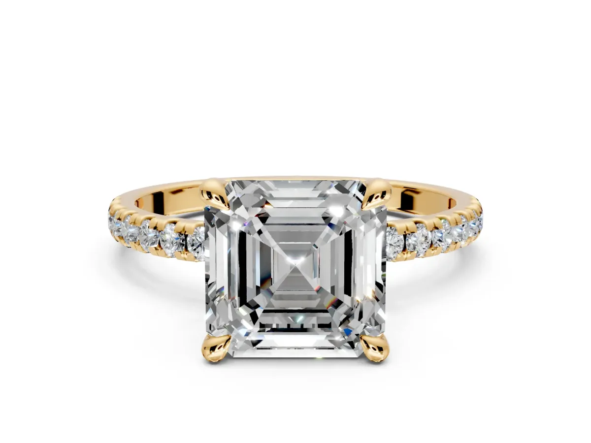 Solitaire Engagement Ring Setting for Asscher Cut Center with Fine Pave Narrow Band and Prong Head in Yellow Gold