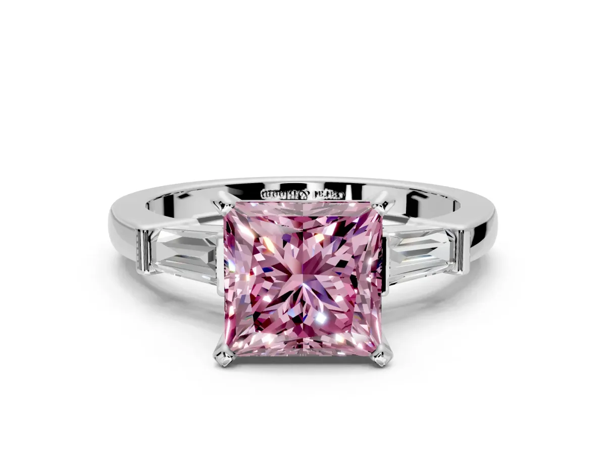 3 Stone Engagement Ring Setting for Fancy Pink Princess Cut Center with Channel Baguette Accents and Prong Head in Platinum