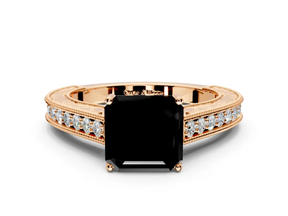 Solitaire Engagement Ring Setting for Fancy Black Asscher Cut Center with Engraved Pave Band and Prong Head in Rose Gold