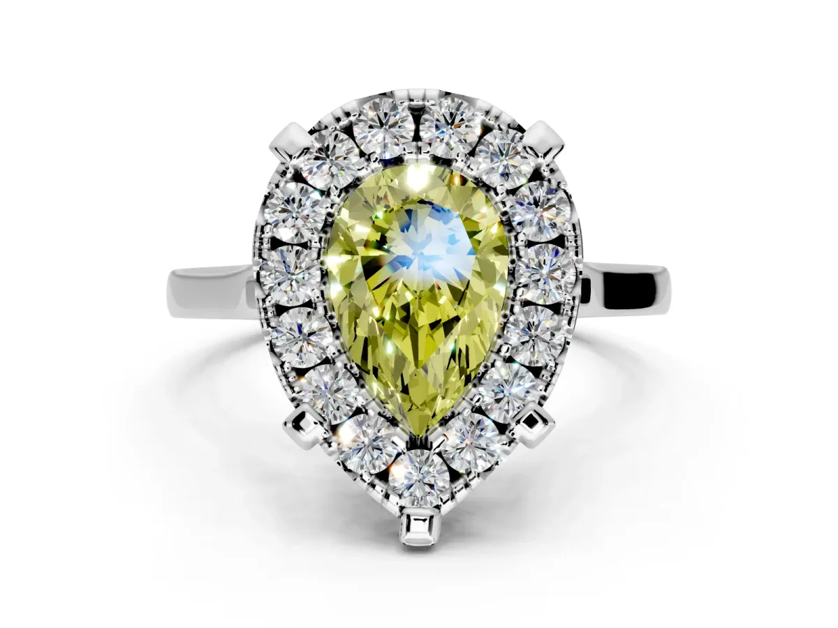 Single Halo Engagement Ring Setting for Fancy Yellow Pear-Shaped Center with Corner Claws, Plain Band and Prong Head in White Gold
