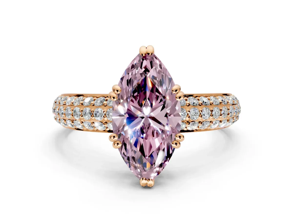 Solitaire Engagement Ring Setting for Fancy Pink Marquise Center with Multi-Row Pave Accents and Basket Head in Rose Gold