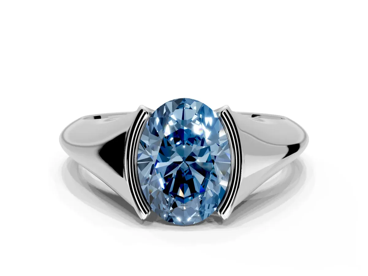 Tension Engagement Ring Setting for Fancy Blue Oval Center with Wide Tapered Band and Tension Head in White Gold