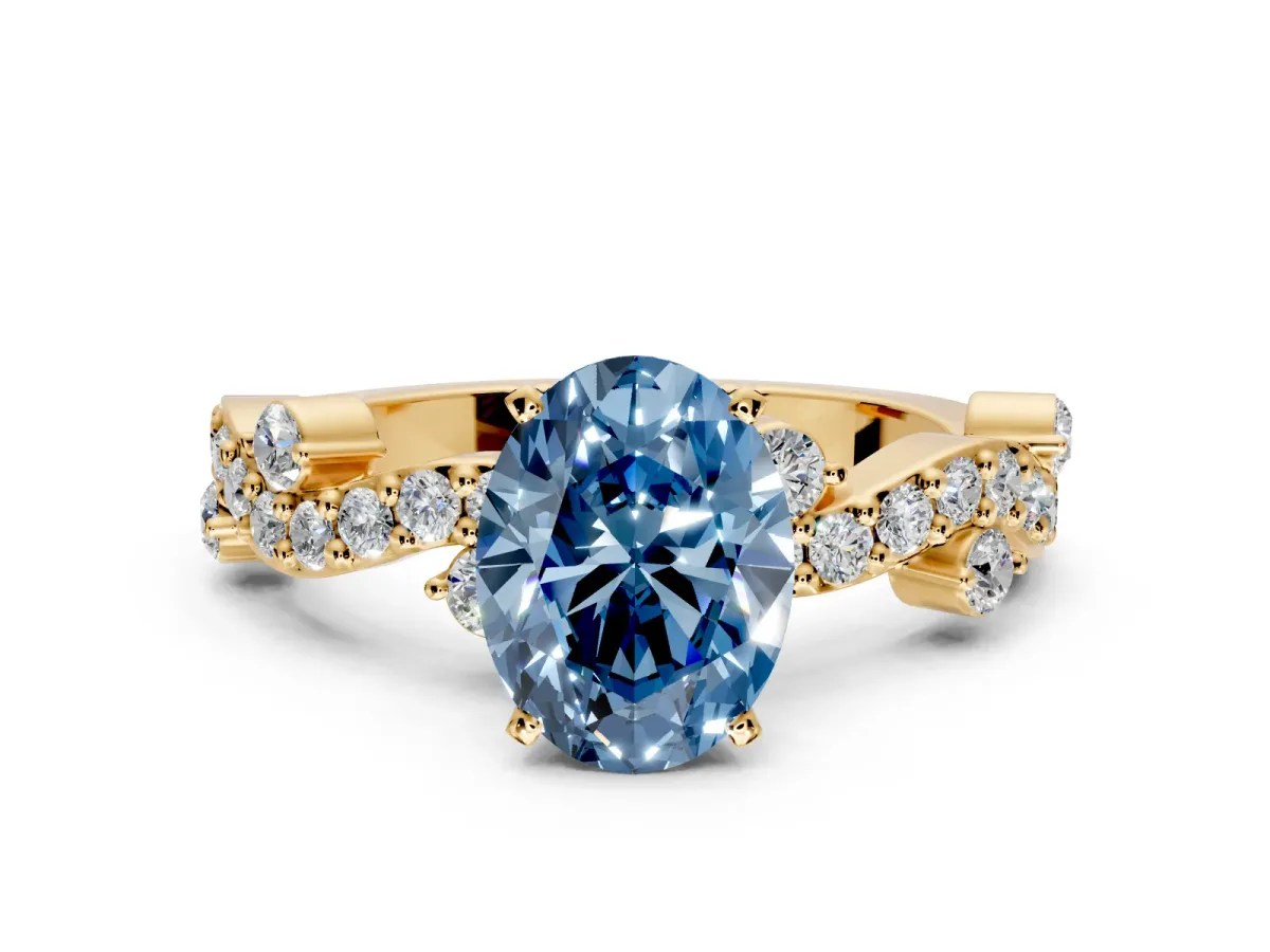 Solitaire Engagement Ring Setting for Fancy Blue Oval Center with Bar-Station Pave Twist and Prong Head in Yellow Gold