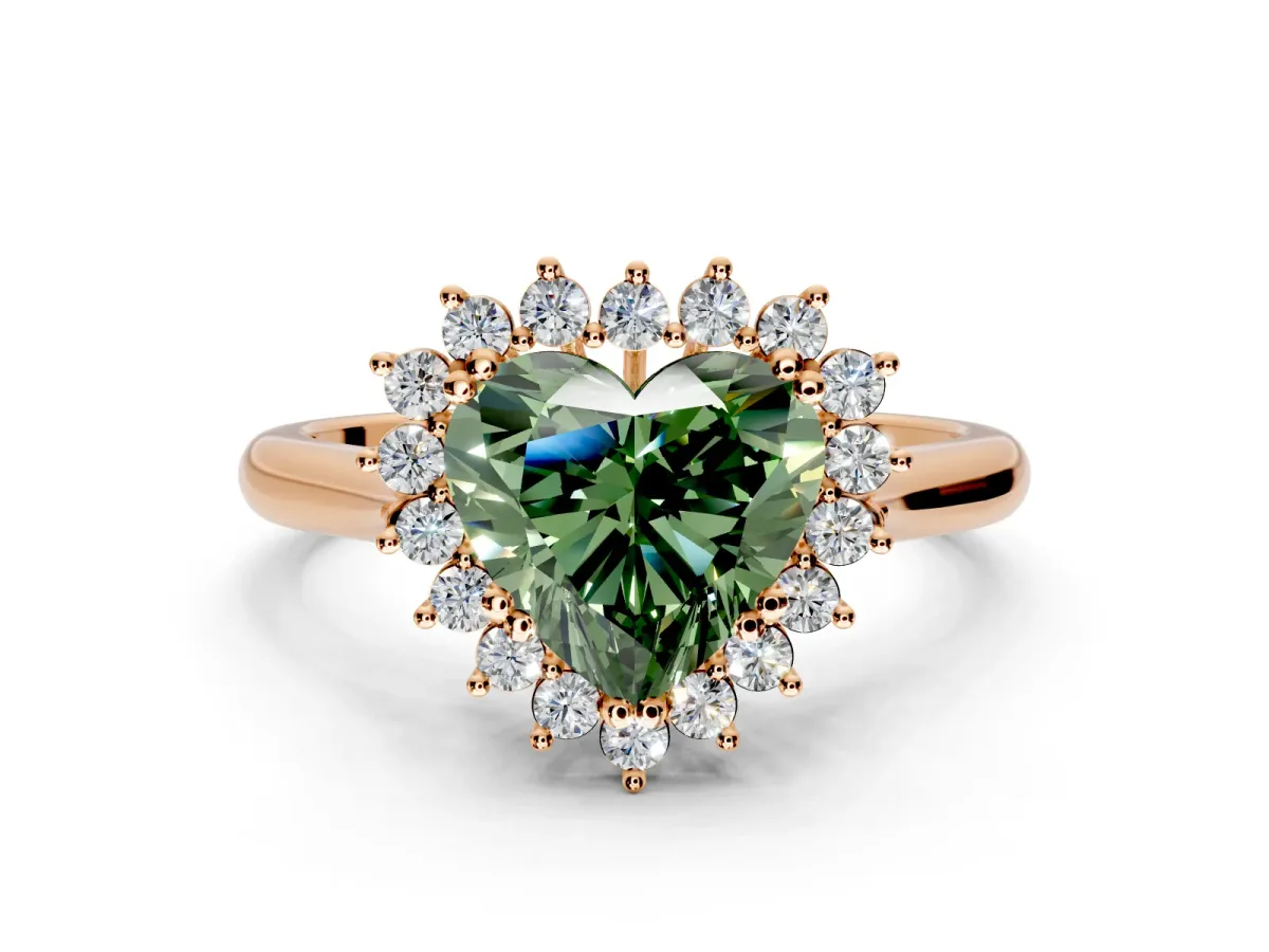 Starburst Halo Engagement Ring Setting for Fancy Green Heart-Shaped Center with Thin Round-Wire Band and Prong Head in Rose Gold