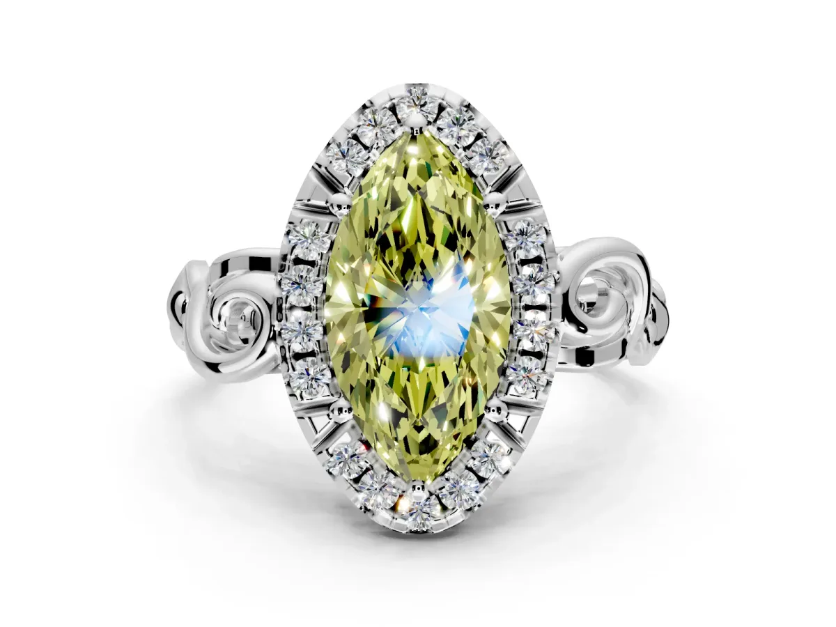 Halo Engagement Ring Setting for Fancy Yellow Marquise Center with Open Scroll Shoulders and Prong Head in Sterling Silver
