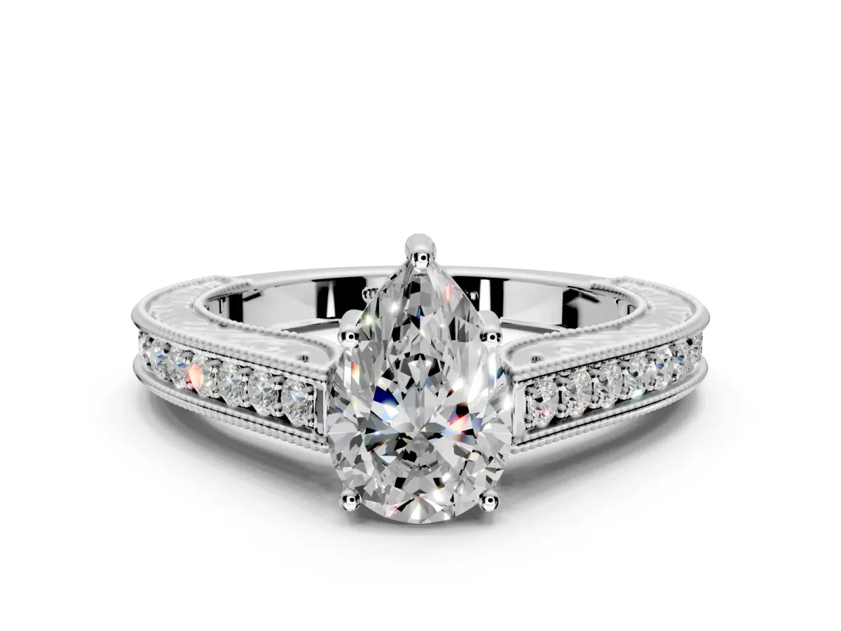 Solitaire Engagement Ring Setting for Pear-Shaped Center with Engraved Pave Band and Prong Head in Platinum