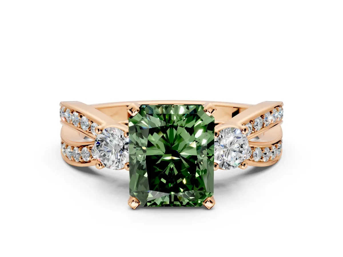 3 Stone Engagement Ring Setting for Fancy Green Radiant Cut Center with Pave Twist Band and Prong Head in Rose Gold