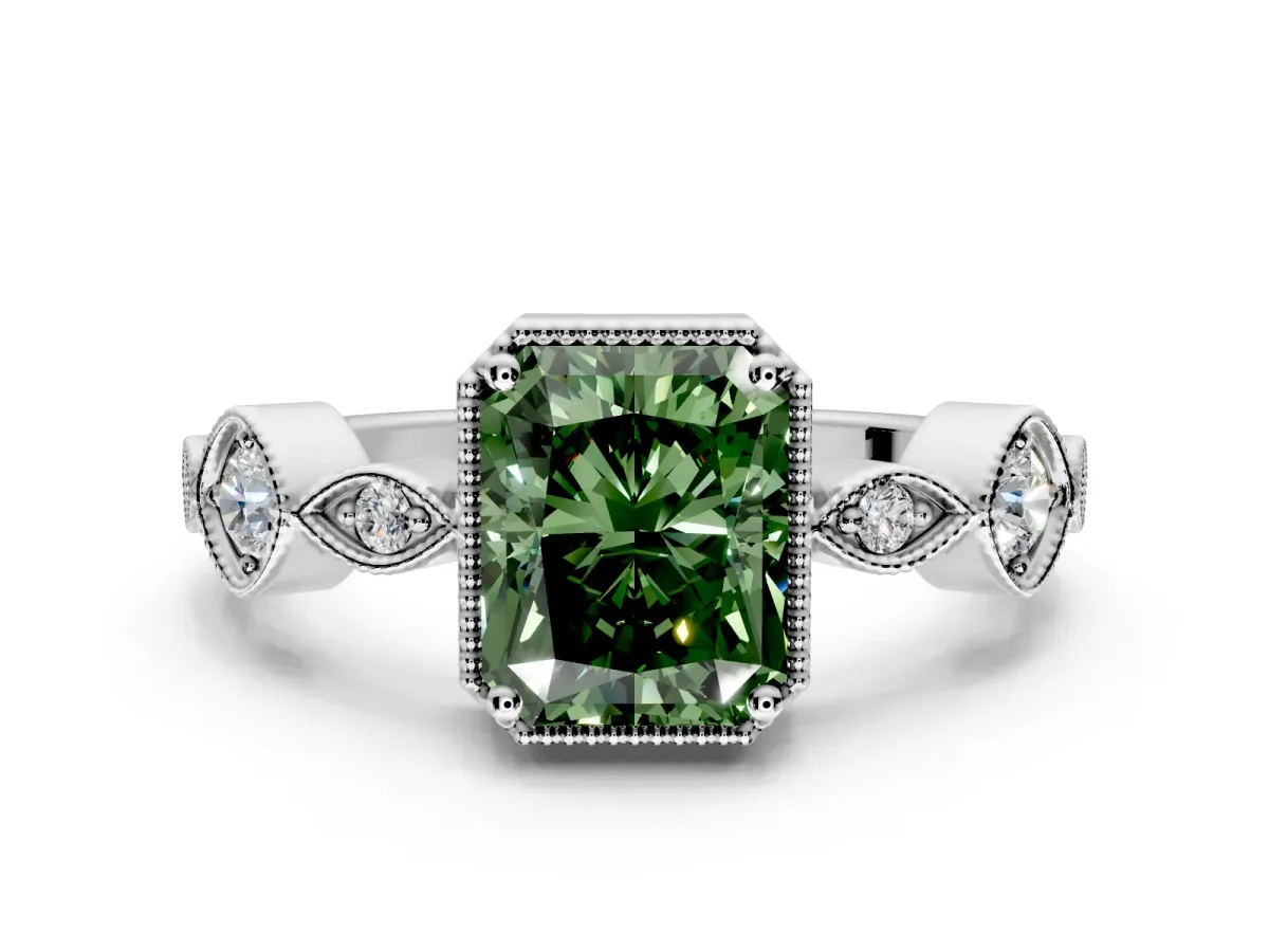 Vintage Station Engagement Ring Setting for Fancy Green Radiant Cut Center with Accents and Prong Head in White Gold