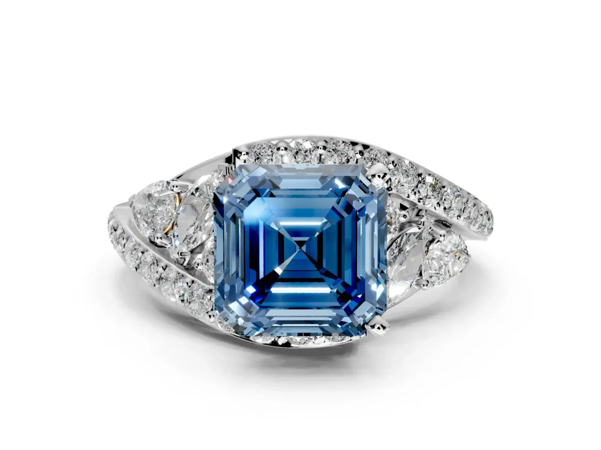Halo Engagement Ring Setting for Fancy Blue Asscher Cut Center with Marquise and Pave Bypass Band and Prong Head in Sterling Silver