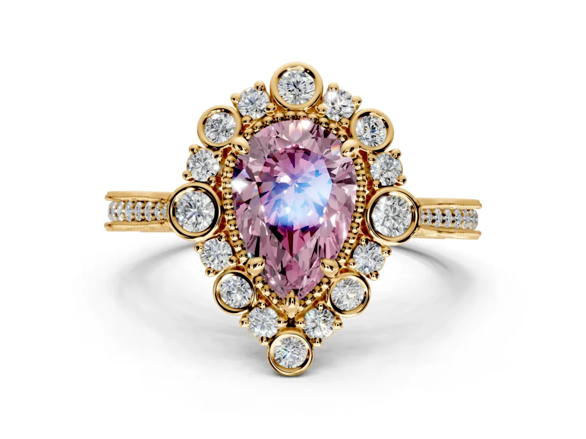 Milgrain Halo Engagement Ring Setting for Fancy Pink Pear-Shaped Center with Bezel Point Accents and Prong Head in Yellow Gold