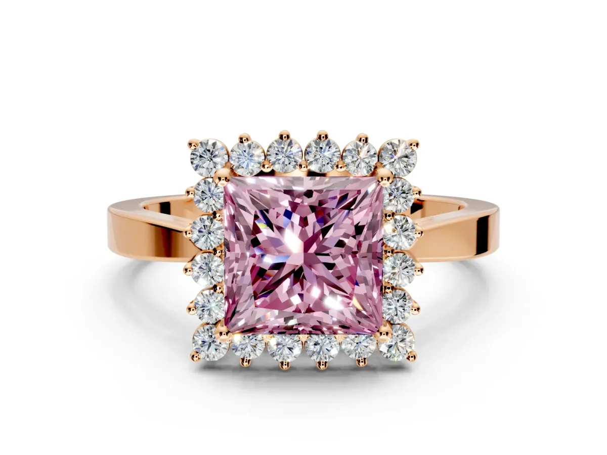 Starburst Halo Engagement Ring Setting for Fancy Pink Princess Cut Center with Flat Cathedral Band and Prong Head in Rose Gold