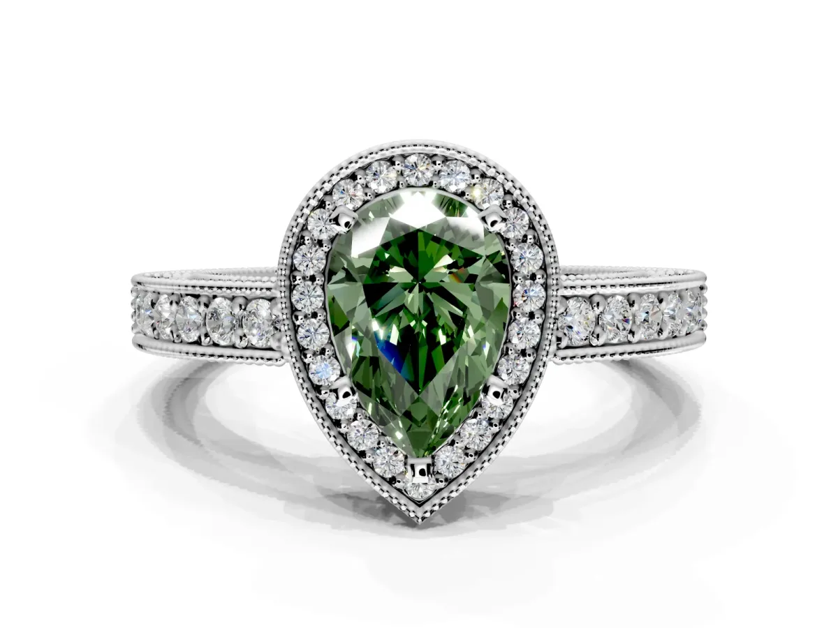 Milgrain Halo Engagement Ring Setting for Fancy Green Pear-Shaped Center with Wide Pave Band and Prong Head in Sterling Silver