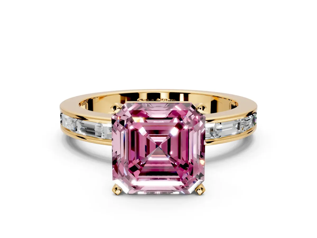Solitaire Engagement Ring Setting for Fancy Pink Asscher Cut Center with Channel Baguette Band and Prong Head in Yellow Gold