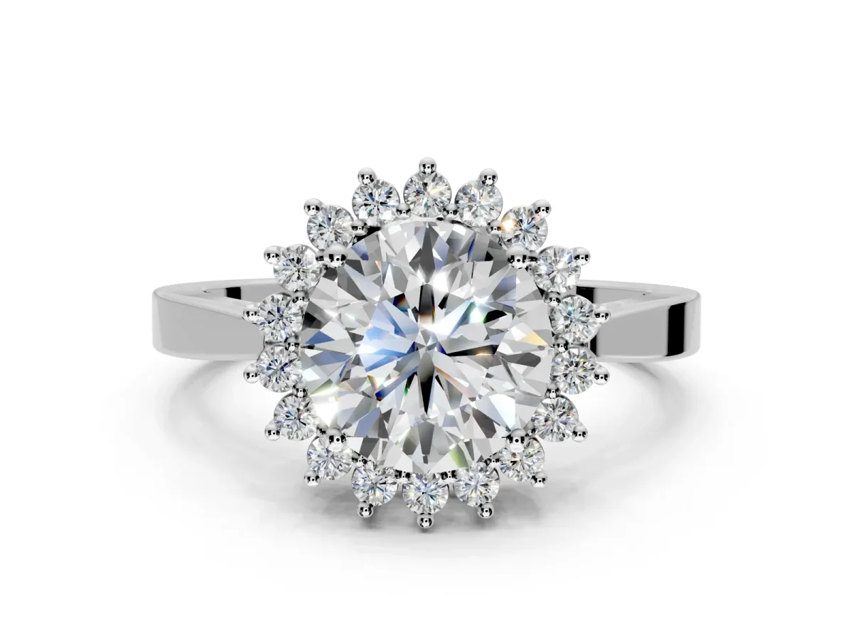 Starburst Halo Engagement Ring Setting for Round Cut Center with Flat Cathedral Band and Prong Head in Sterling Silver