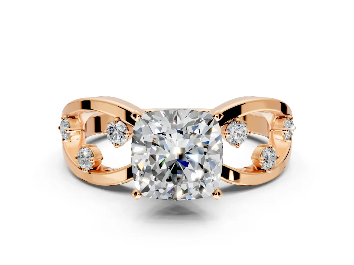 Solitaire Engagement Ring Setting for Cushion Cut Center with Criss-Cross Accent Band and Prong Head in Rose Gold