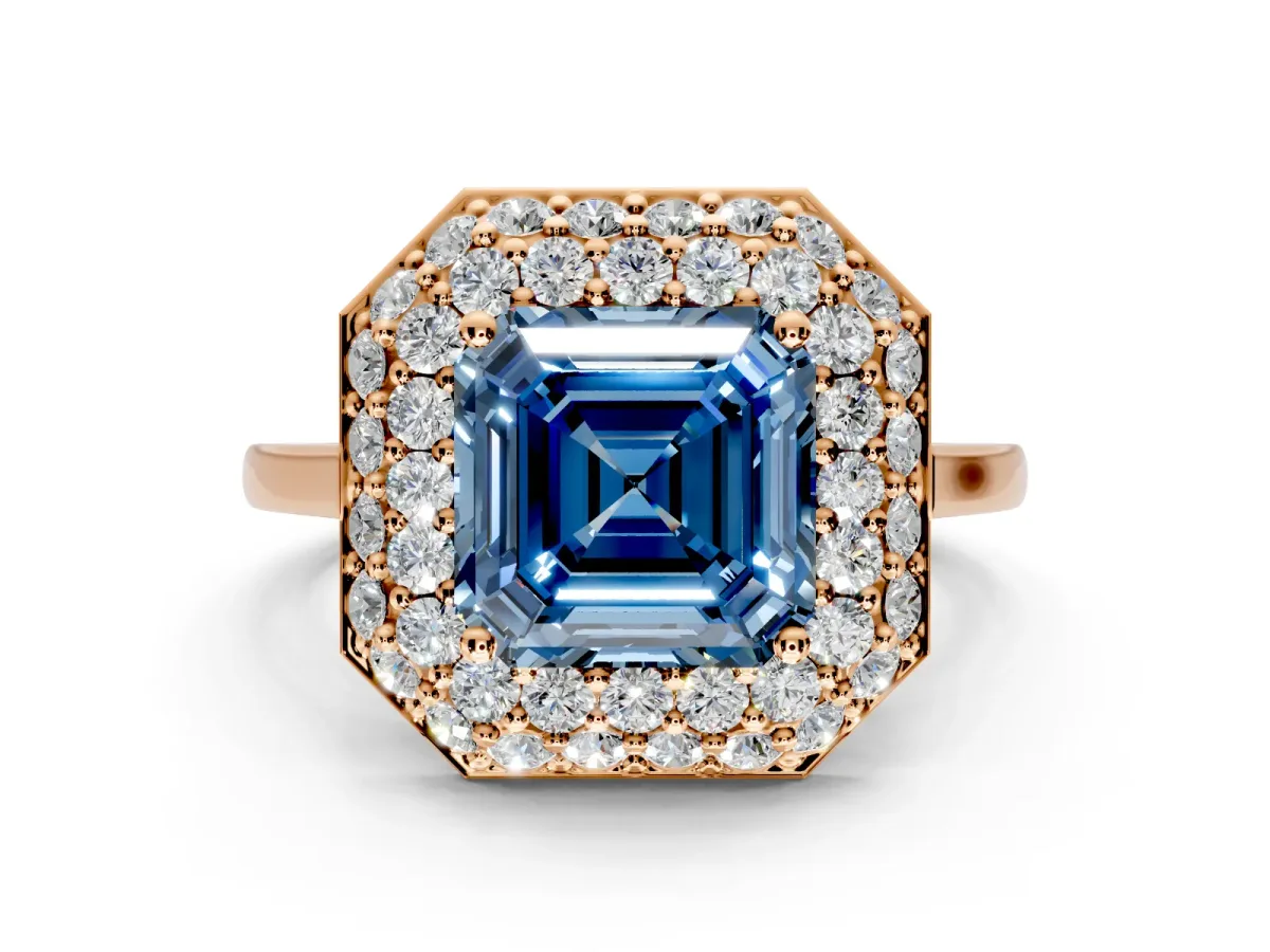 Halo Engagement Ring Setting for Fancy Blue Asscher Cut Center with Plain Tapered Band and Prong Head in Rose Gold