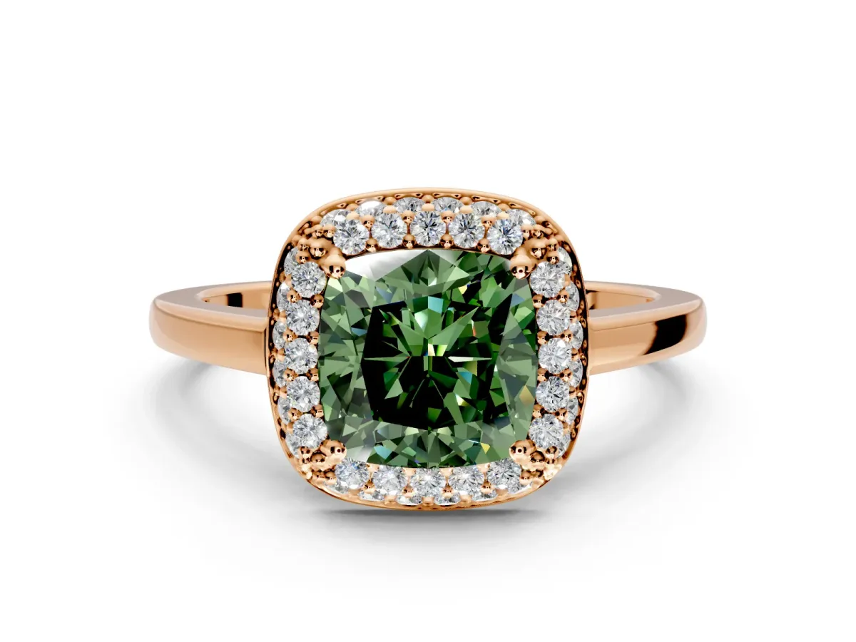 Halo Engagement Ring Setting for Fancy Green Cushion Cut Center with Plain Tapered Band and Prong Head in Rose Gold
