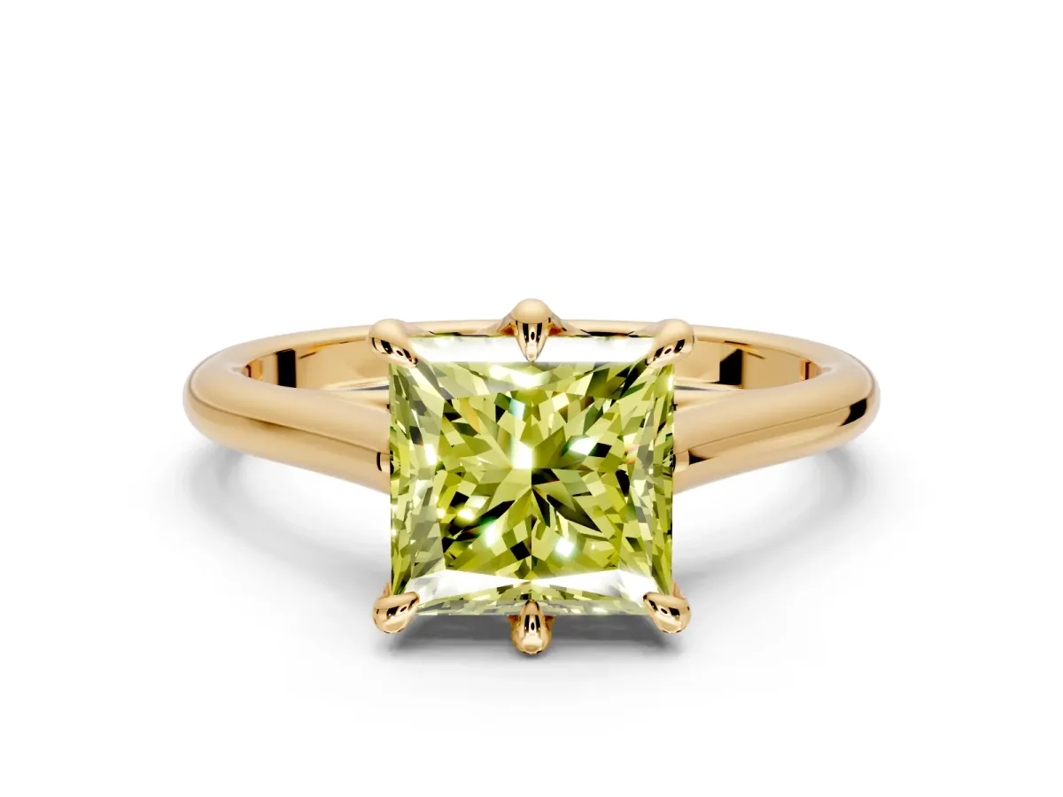 Solitaire Engagement Ring Setting for Fancy Yellow Princess Cut Center with Cathedral Band and Prong Head in Yellow Gold
