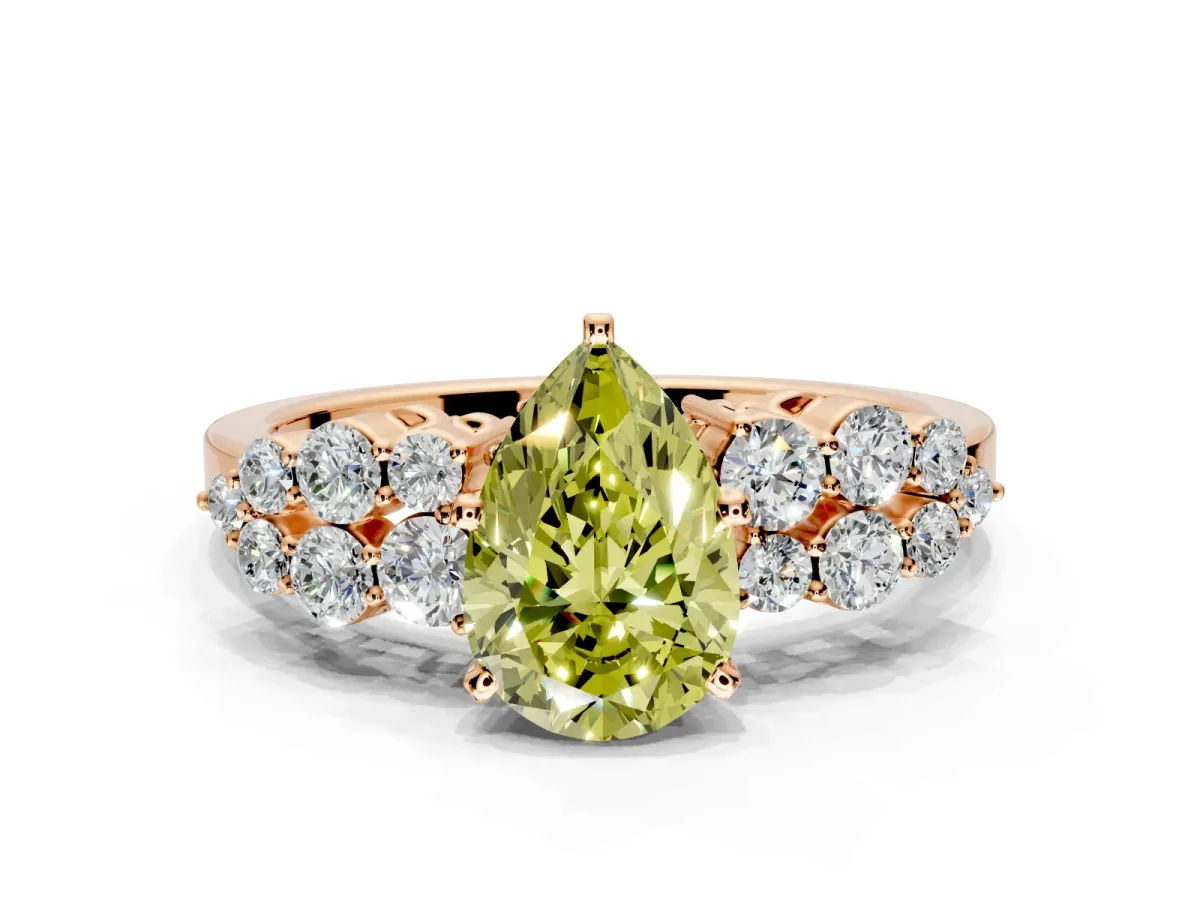 Cluster Engagement Ring Setting for Fancy Yellow Pear-Shaped Center with 2-Row Shoulder Clusters and Prong Head in Rose Gold