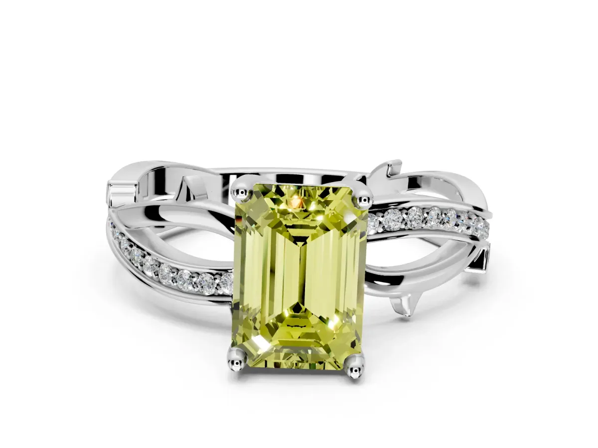 Solitaire Engagement Ring Setting for Fancy Yellow Emerald Cut Center with Pave and Plain Crossover Band and Prong Head in Platinum