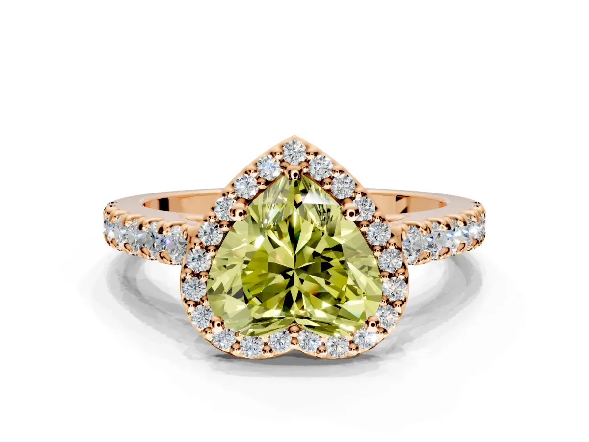 Halo Engagement Ring Setting for Fancy Yellow Heart-Shaped Center with Full Pave Band and Prong Head in Rose Gold