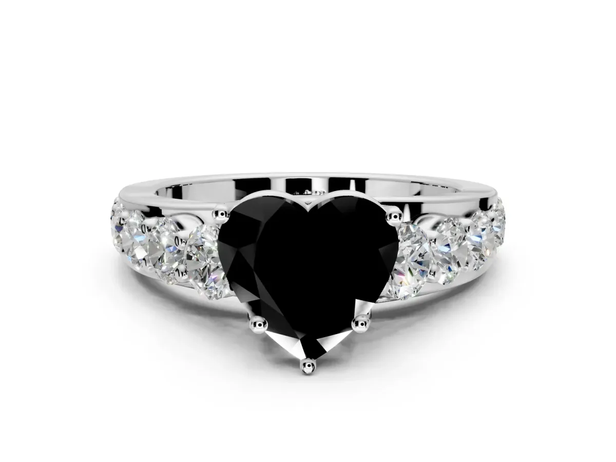 Solitaire Engagement Ring Setting for Fancy Black Heart-Shaped Center with Graduated Shared Prongs and Prong Head in White Gold