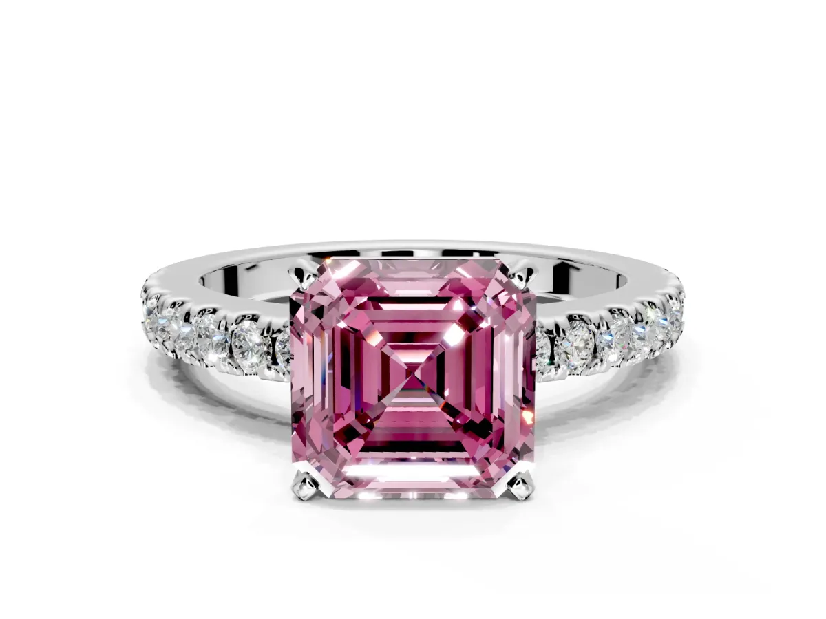 Solitaire Engagement Ring Setting for Fancy Pink Asscher Cut Center with Single Row Accent Band and Prong Head in Platinum
