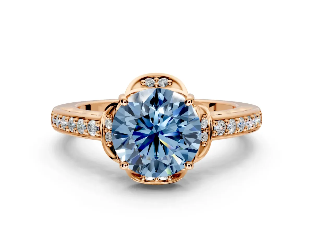Floral Engagement Ring Setting for Fancy Blue Round Cut Center with Four Accent Clusters and Prong Head in Rose Gold