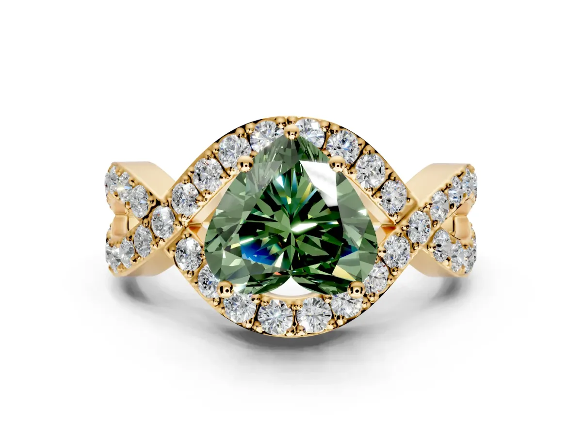 Halo Engagement Ring Setting for Fancy Green Heart-Shaped Center with Pave Infinity Twist Band and Prong Head in Yellow Gold
