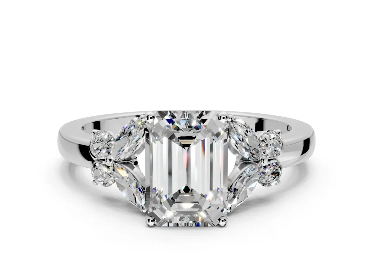 Solitaire Engagement Ring Setting for Emerald Cut Center with Marquise Flower Shoulders and Prong Head in Platinum