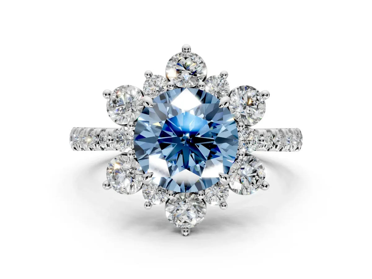 Floral Halo Engagement Ring Setting for Fancy Blue Round Cut Center with Pave Accents and Prong Head in Sterling Silver