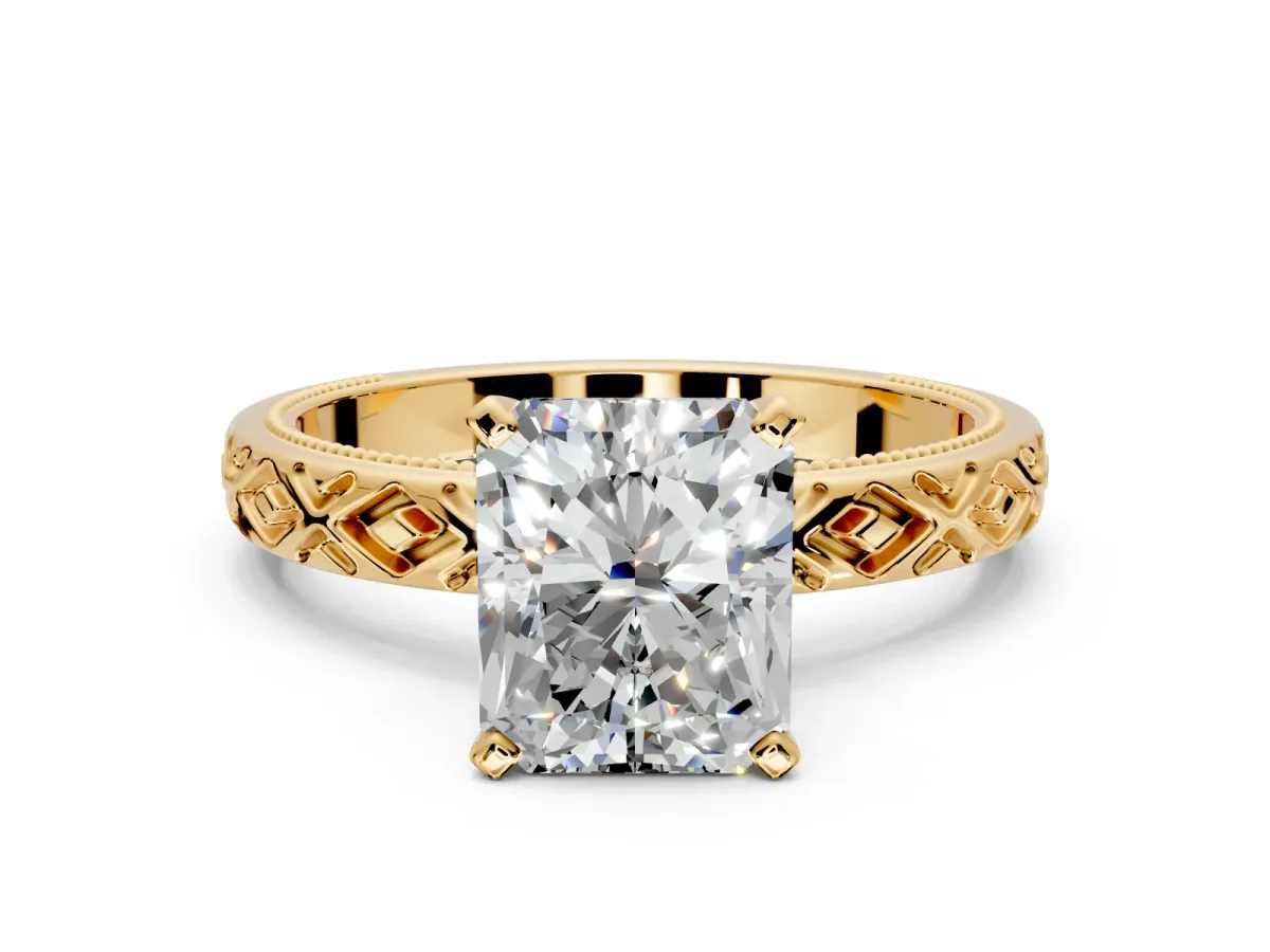 Solitaire Engagement Ring Setting for Radiant Cut Center with Milgrain X Pattern Band and Prong Head in Yellow Gold