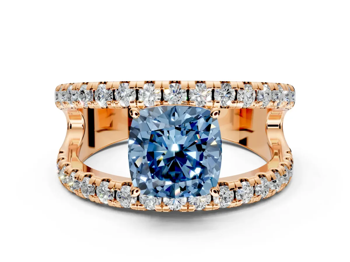 Solitaire Engagement Ring Setting for Fancy Blue Cushion Cut Center with Wide-Open Split Shank and Prong Head in Rose Gold
