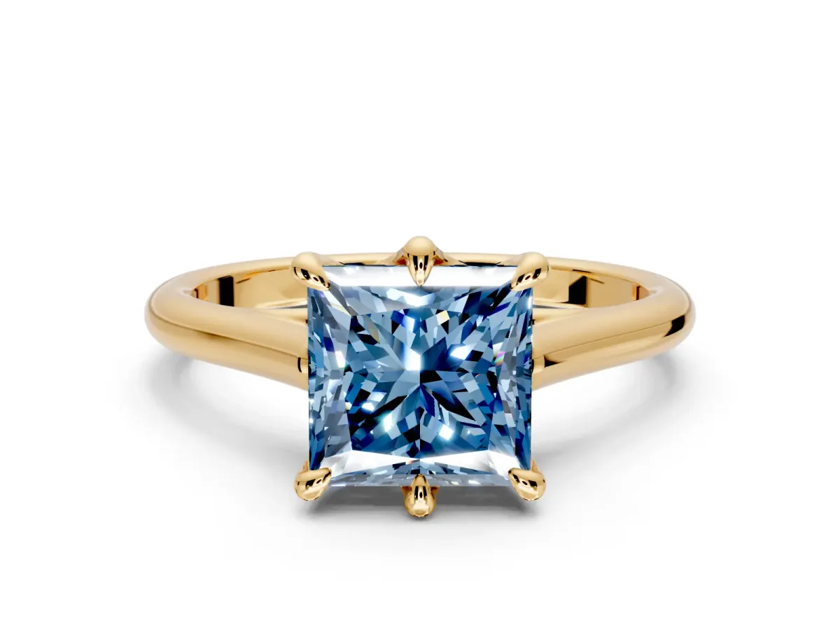Solitaire Engagement Ring Setting for Fancy Blue Princess Cut Center with Cathedral Band and Prong Head in Yellow Gold