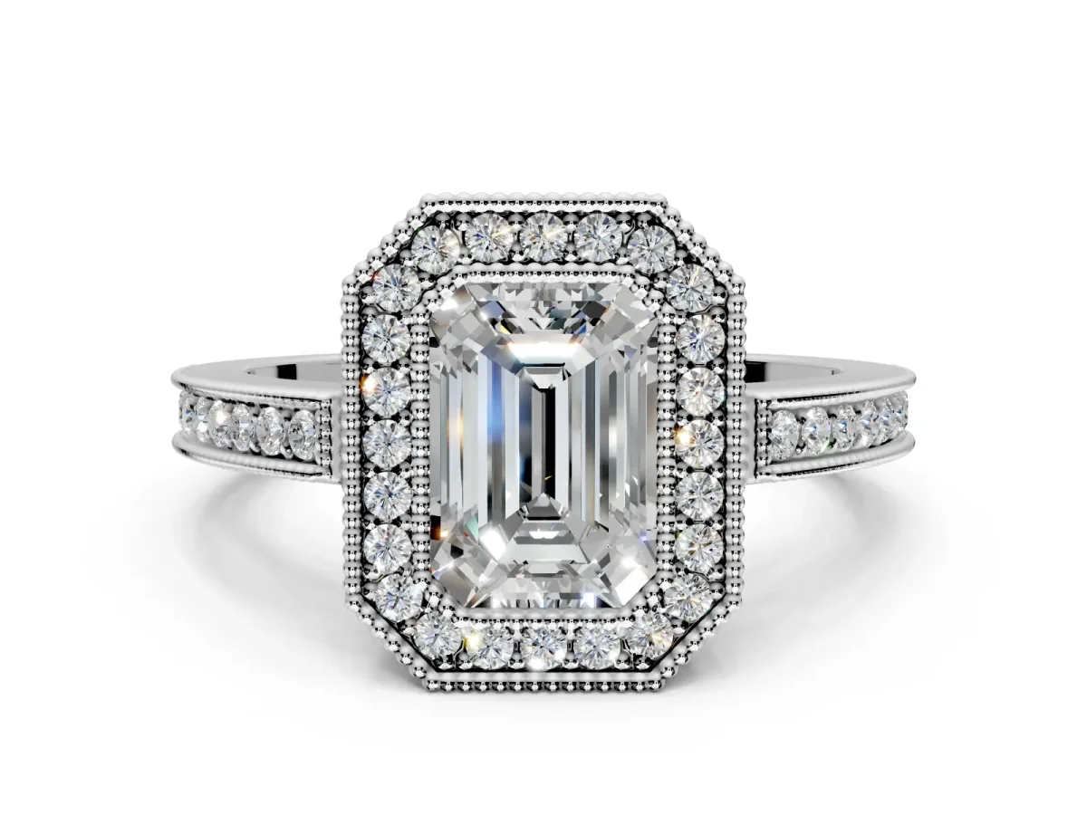 Halo Engagement Ring Setting for Emerald Cut Center with Milgrain Halo, Pave Band and Prong Head in Platinum