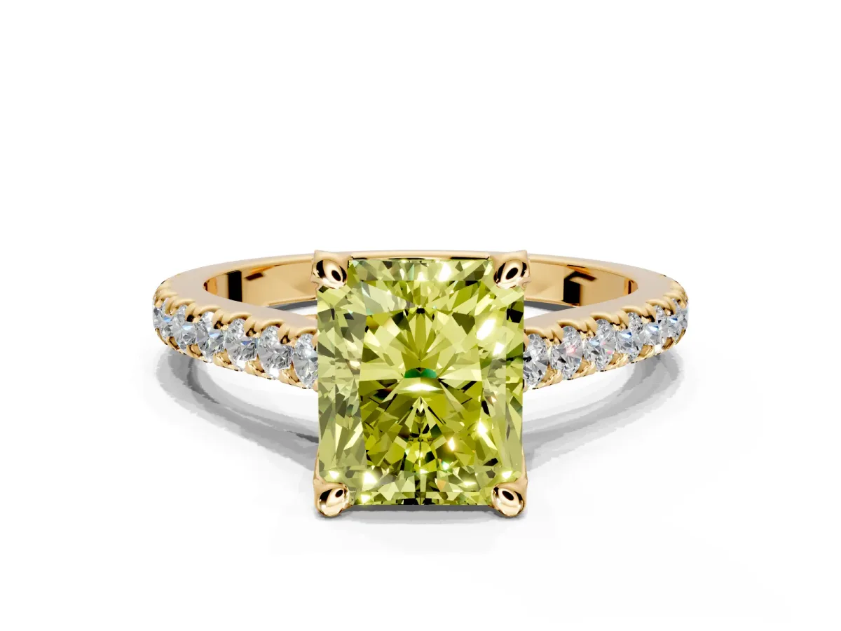 Solitaire Engagement Ring Setting for Fancy Yellow Radiant Cut Center with Widening Pave Band and Claw Prong Head in Yellow Gold