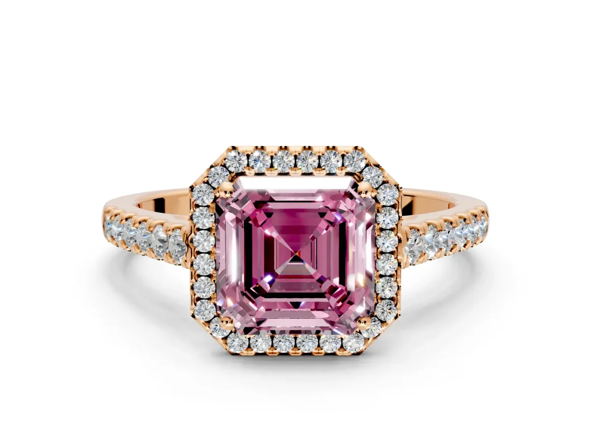 Halo Engagement Ring Setting for Fancy Pink Asscher Cut Center with Narrowing Pave Band and Prong Head in Rose Gold