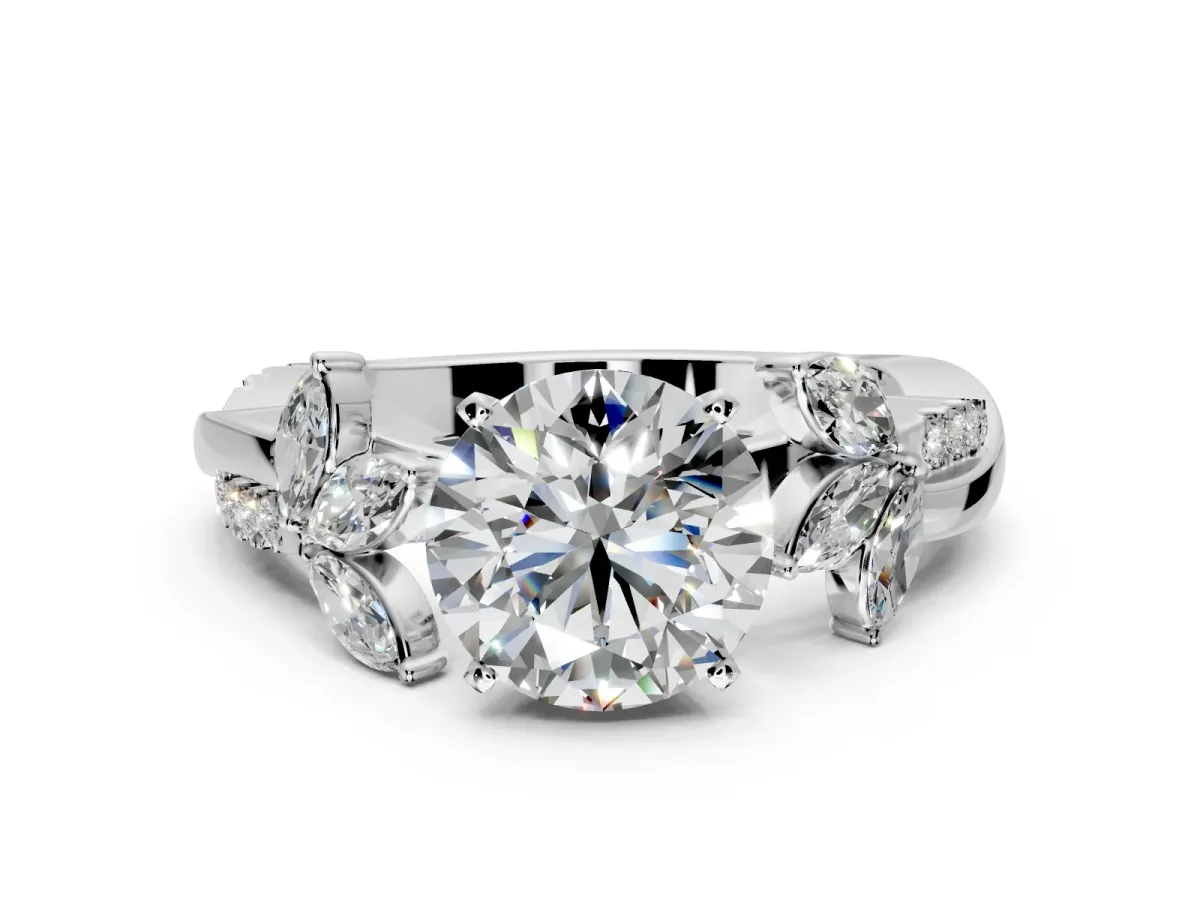 Floral Engagement Ring Setting for Round Cut Center with Trailing Marquise Accents and Prong Head in Sterling Silver