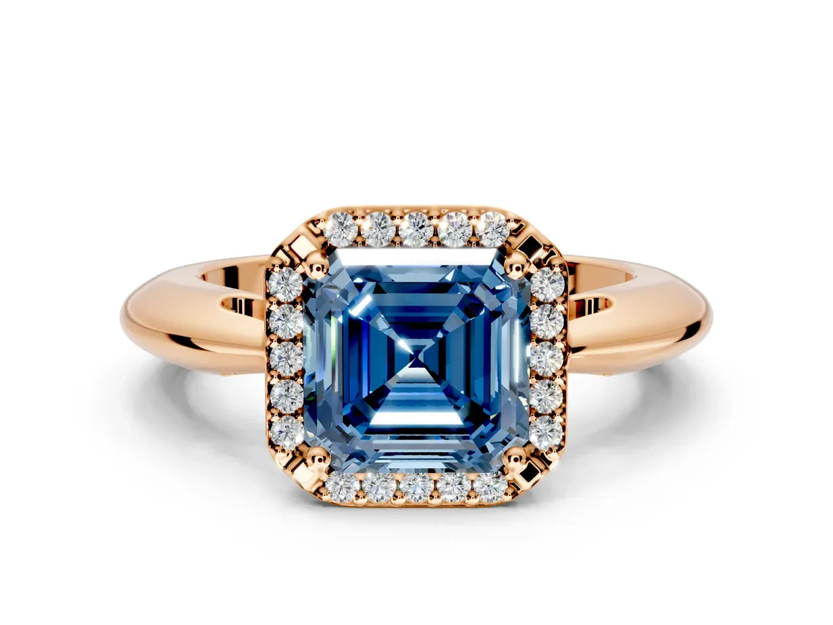 Halo Engagement Ring Setting for Fancy Blue Asscher Cut Center with Tapered Plain Band and Prong Head in Rose Gold