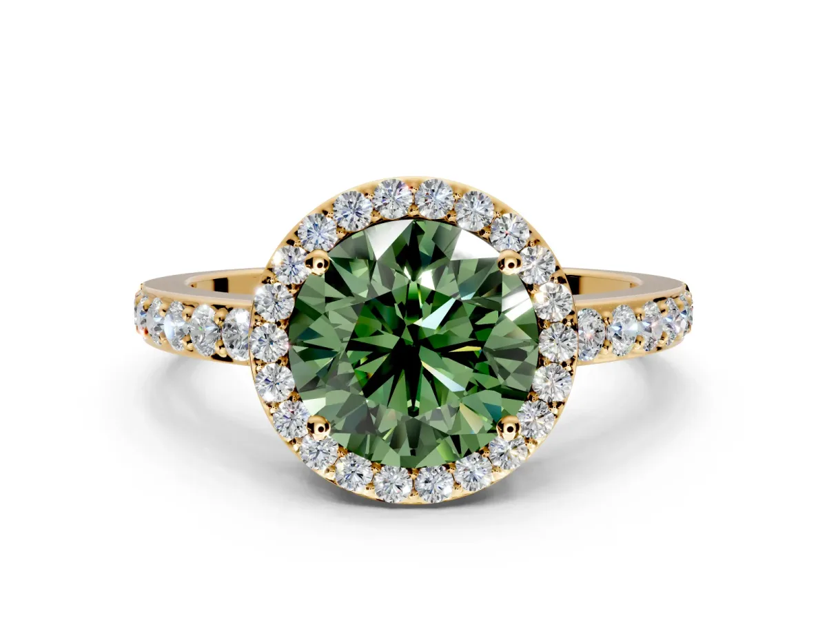 Halo Engagement Ring Setting for Fancy Green Round Cut Center with Heart-Shaped Openwork, Pave Band and Prong Head in Yellow Gold