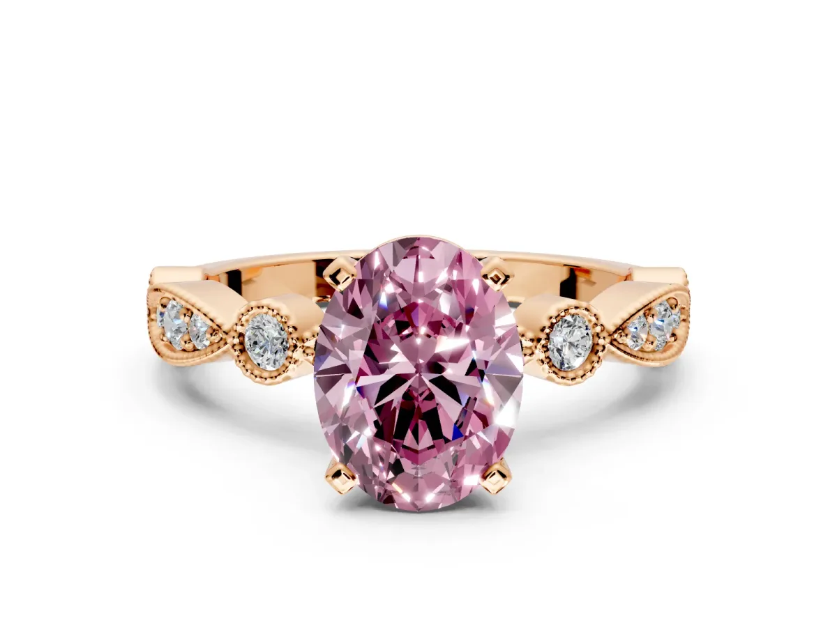 Solitaire Engagement Ring Setting for Fancy Pink Oval Center with Milgrain Bezel Accents and Prong Head in Rose Gold