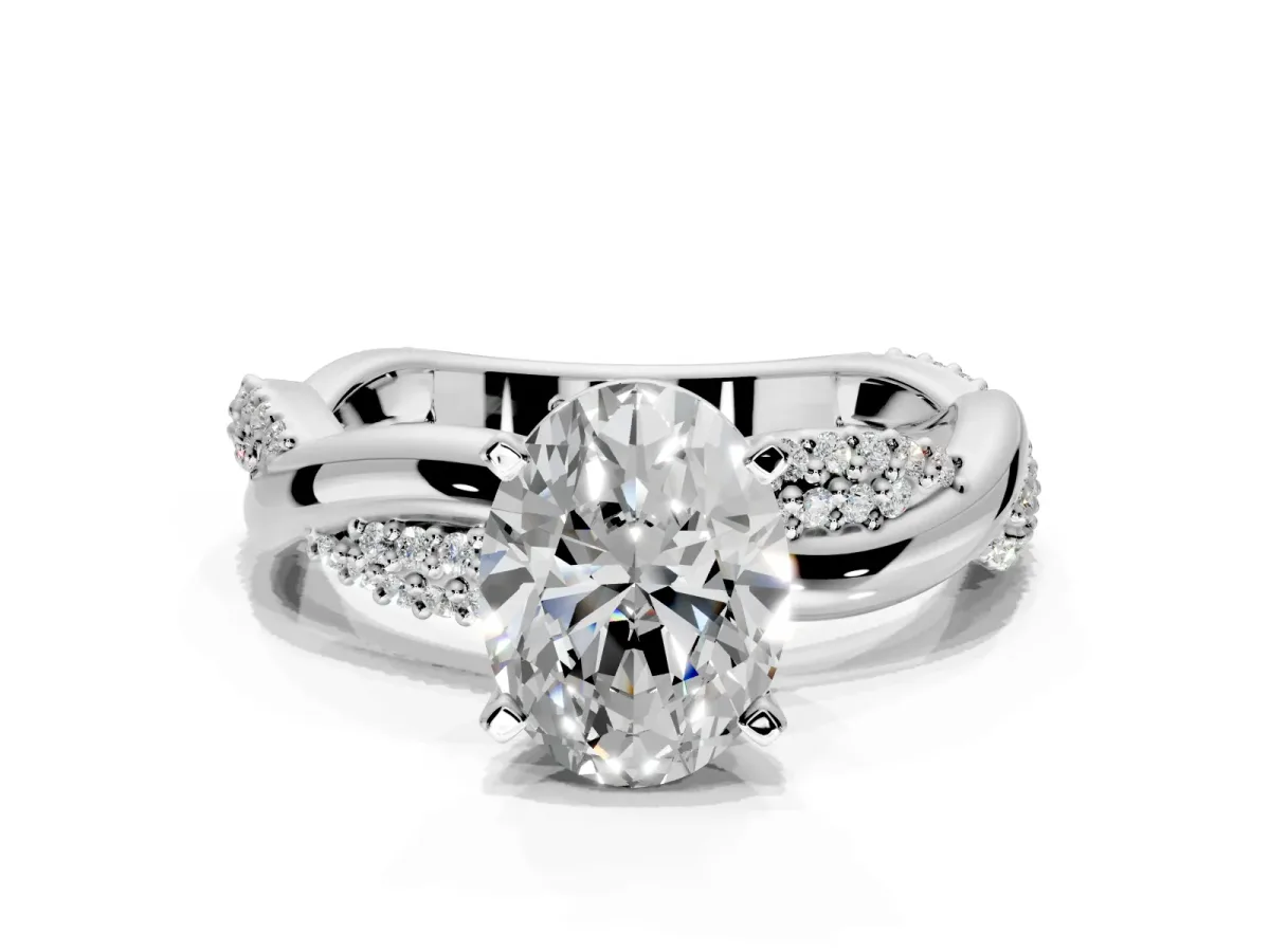 Solitaire Engagement Ring Setting for Oval Center with Pave and Plain Crossover and Basket Head in Platinum