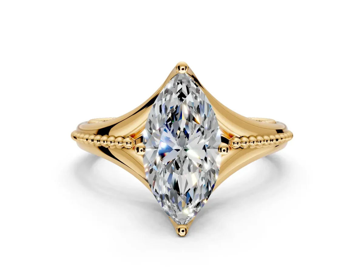 Solitaire Engagement Ring Setting for Marquise Center with Milgrain Cathedral Band and Prong Head in Yellow Gold