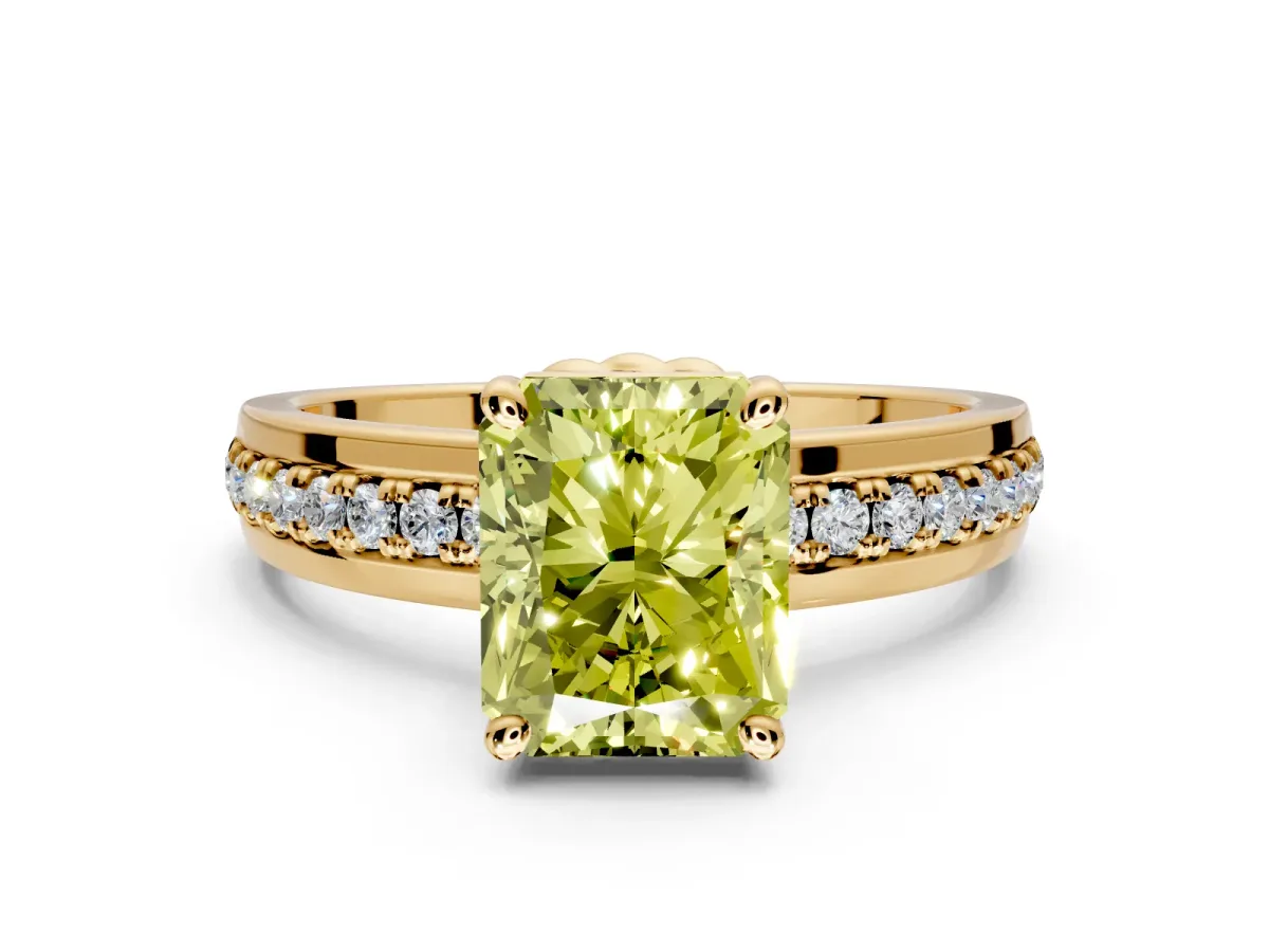 Solitaire Engagement Ring Setting for Fancy Yellow Radiant Cut Center with Raised Channel Band and Prong Head in Yellow Gold