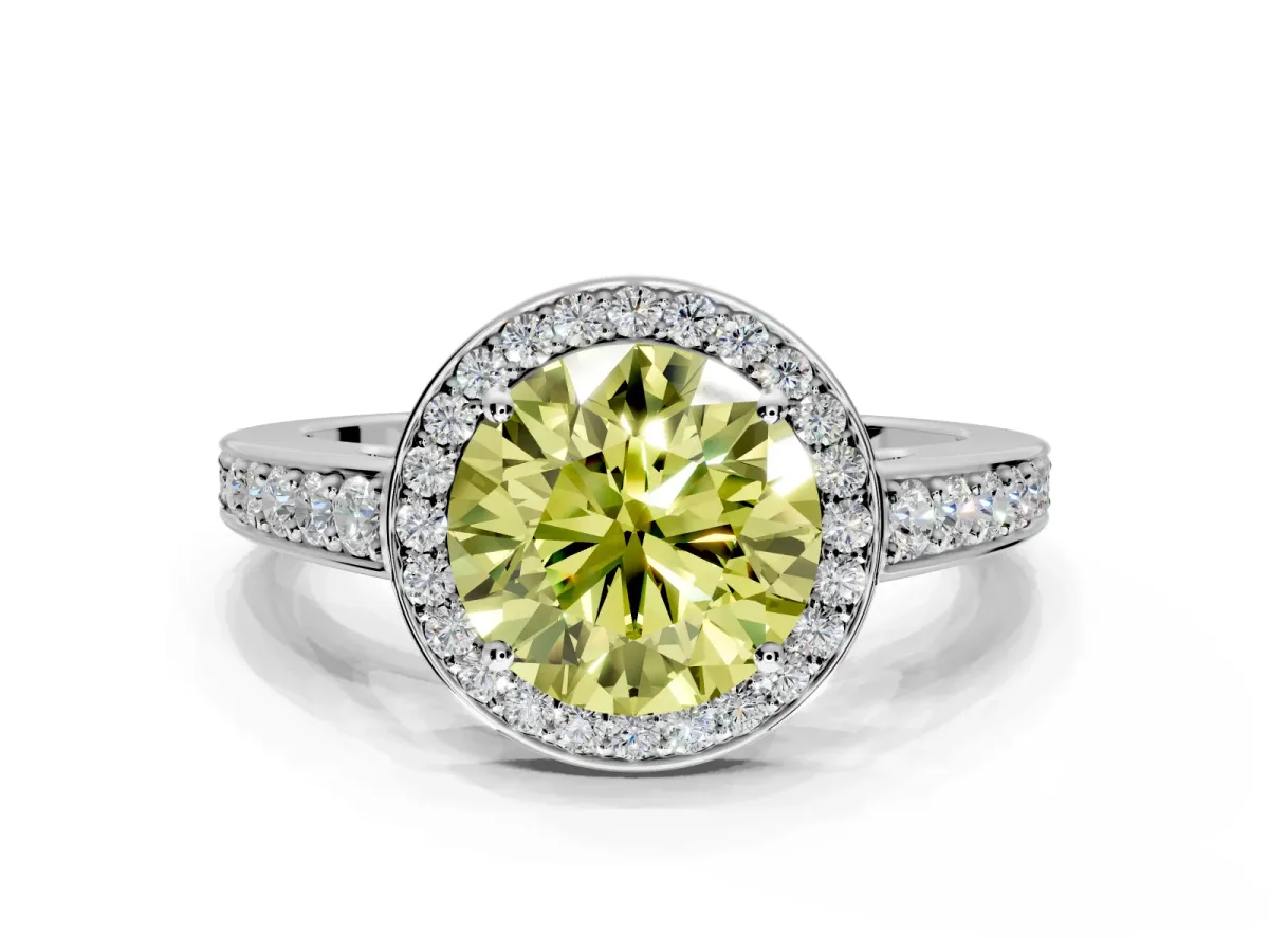Bezel-Framed Halo Engagement Ring Setting for Fancy Yellow Round Cut Center with Pave Band and Prong Head in White Gold