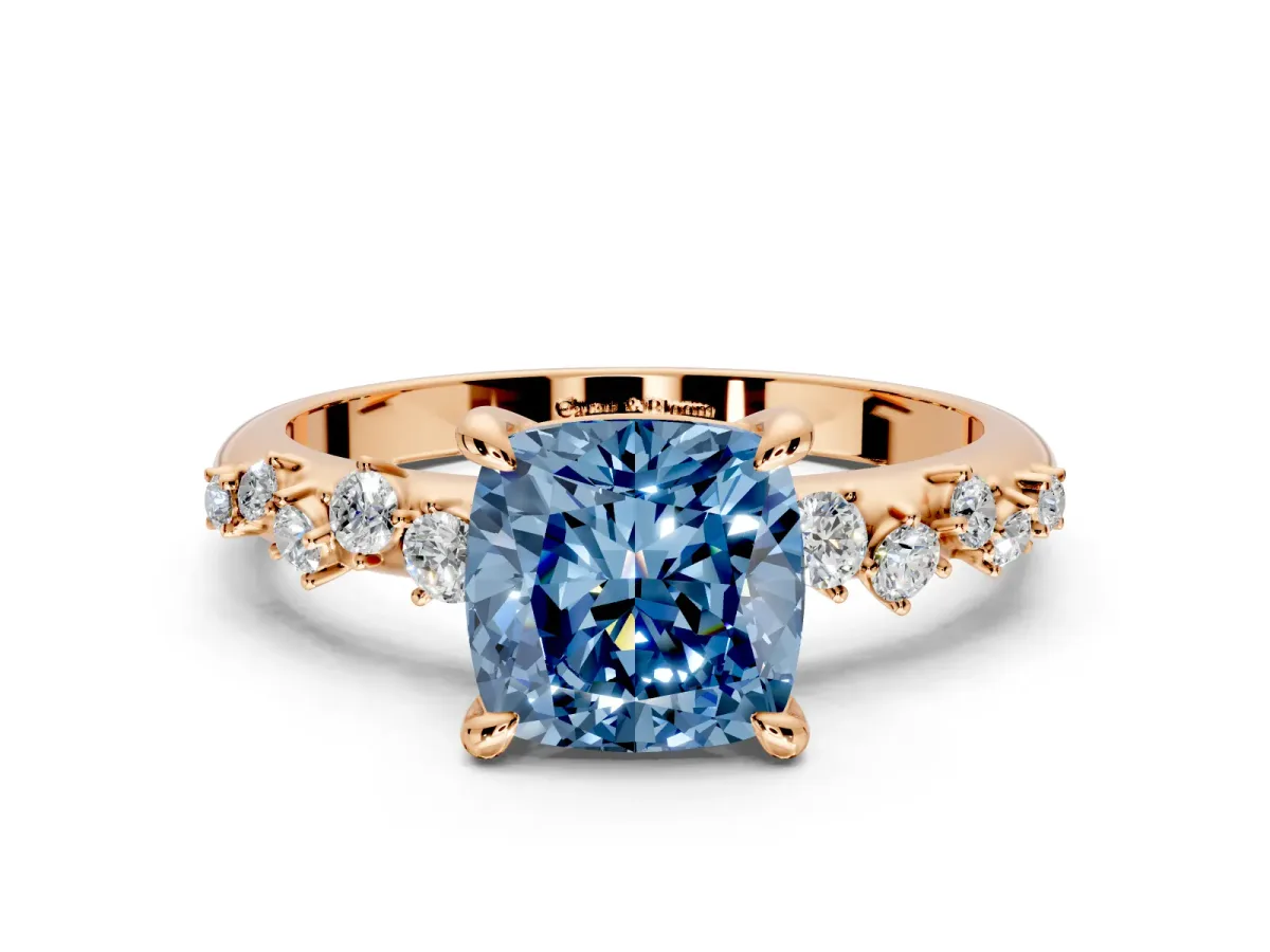Solitaire Engagement Ring Setting for Fancy Blue Cushion Cut Center with Trailing Leaf Accent Band and Prong Head in Rose Gold