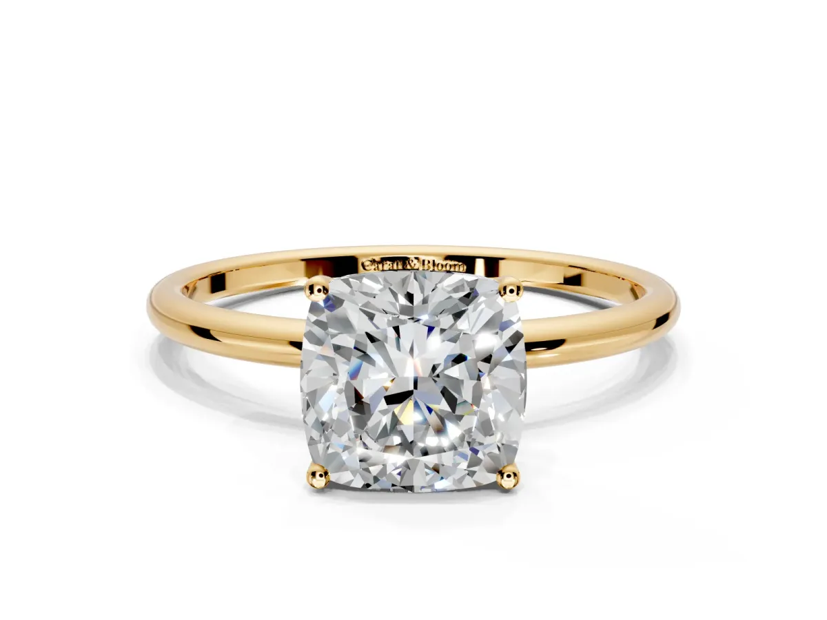 Solitaire Engagement Ring Setting for Cushion Cut Center with Straight Thin Band and Prong Head in Yellow Gold