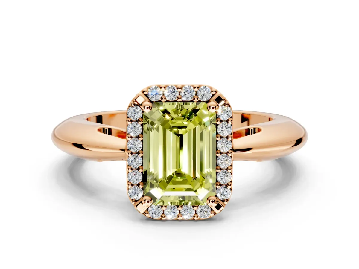 Halo Engagement Ring Setting for Fancy Yellow Emerald Cut Center with Tapered Plain Band and Prong Head in Rose Gold