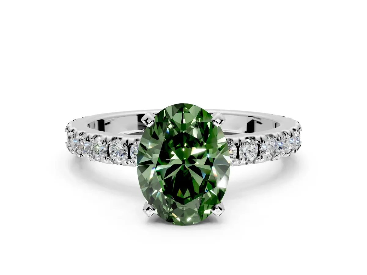 Solitaire Engagement Ring Setting for Fancy Green Oval Center with Fine Pave Band and Claw Prong Head in Sterling Silver
